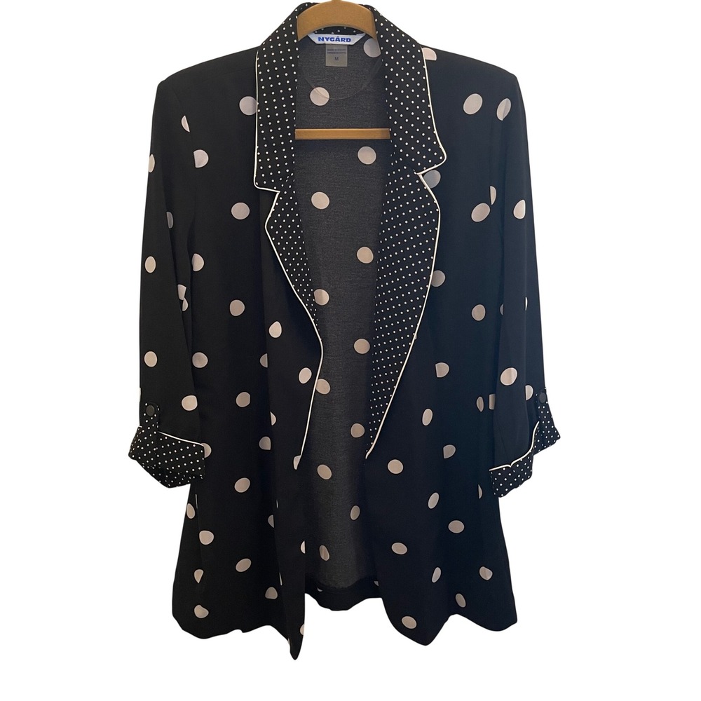 Nygard Black White Polka Dot Open Front Blazer Jacket 3/4 Sleeve Womens M
